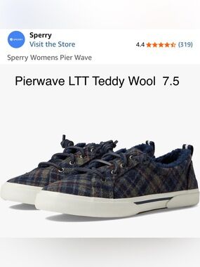 Sperry Pierwave LTT Navy Plaid Teddy Wool Slip-On Sneakers 7.5 NWOT